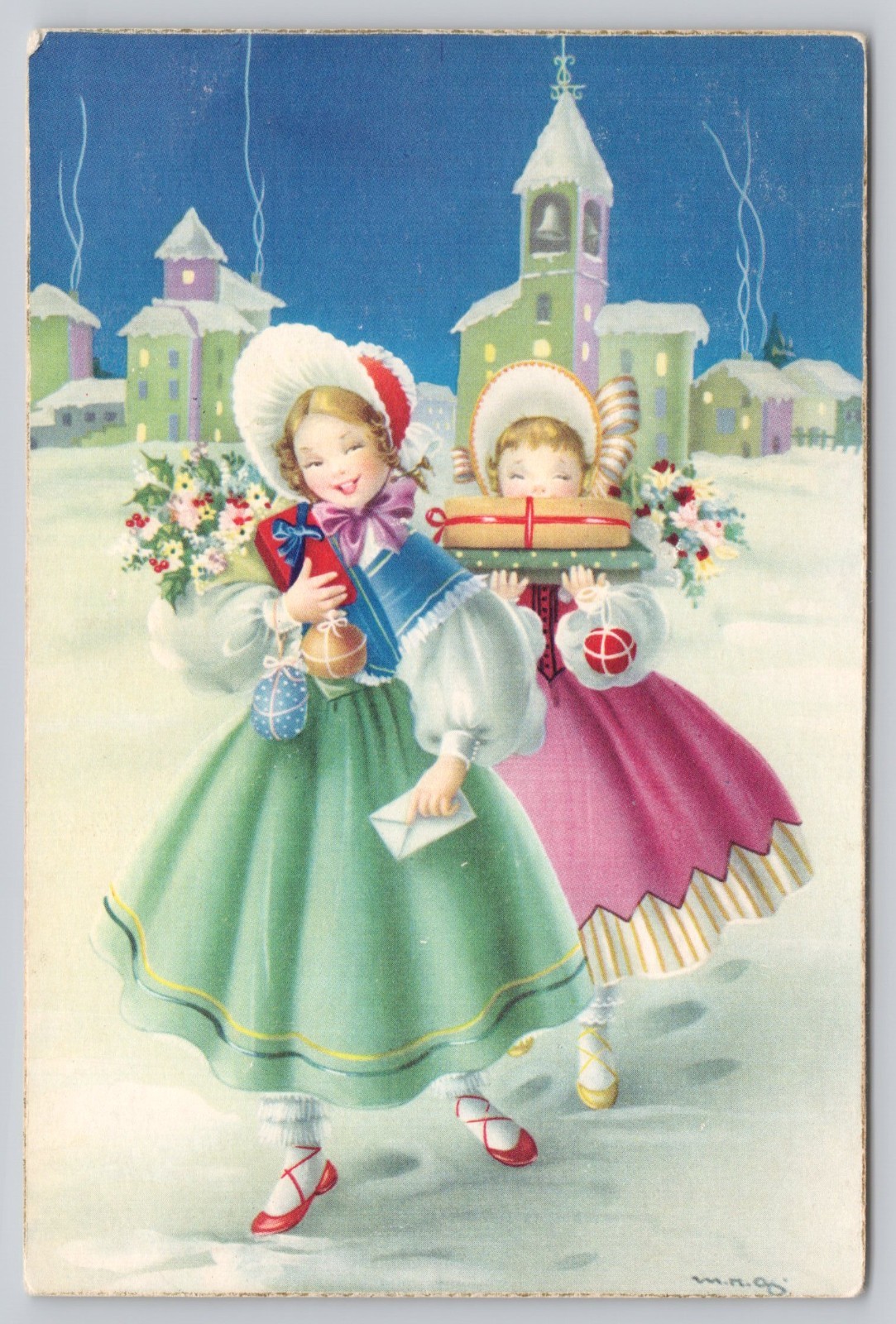 Children Winter Carolers Snow Village Christmas Greetings Postcard