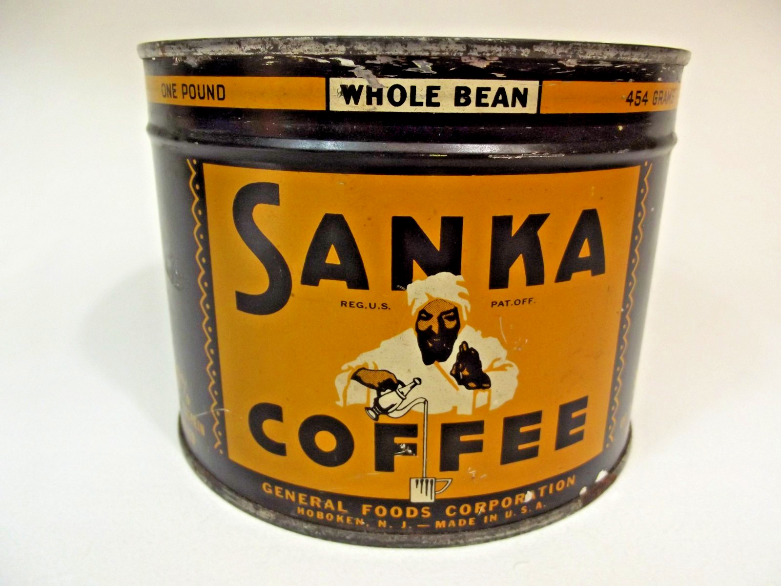 VINTAGE 1930’s SANKA COFFEE ADVERTISING 1 lb TIN CAN “FULL SEALED” KEYWIND LID