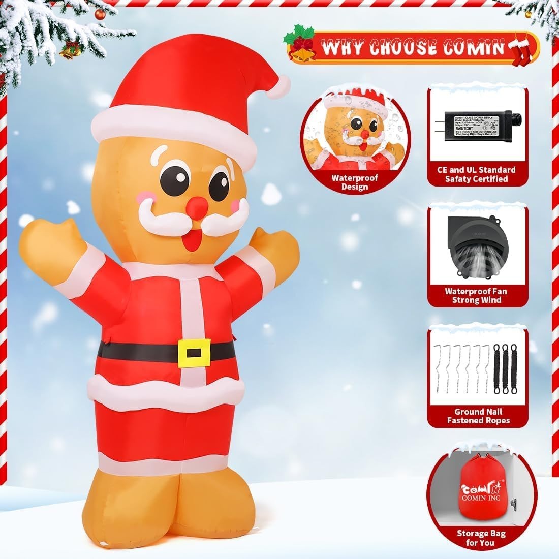 8FT Weather-Resistant Gingerbread Inflatable with LED Lights for Christmas