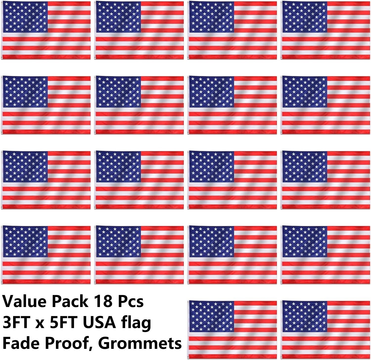 Wholesale lot 18 3′ x 5′ ft. USA US American Flag Stars Grommets United States