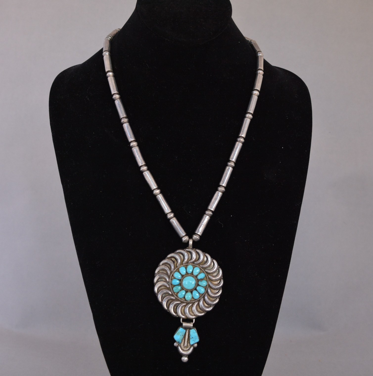 Unique Vintage Navajo Silver Turquoise Pendant Necklace – Cylinder Beads – 21″