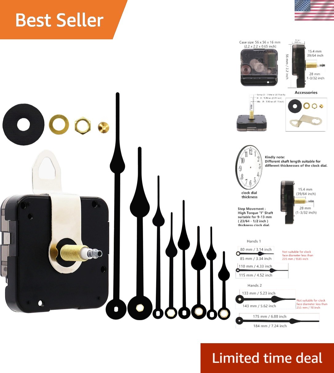 Complete DIY Clock Movement Kit – High Torque, Long Shaft & Hands Included