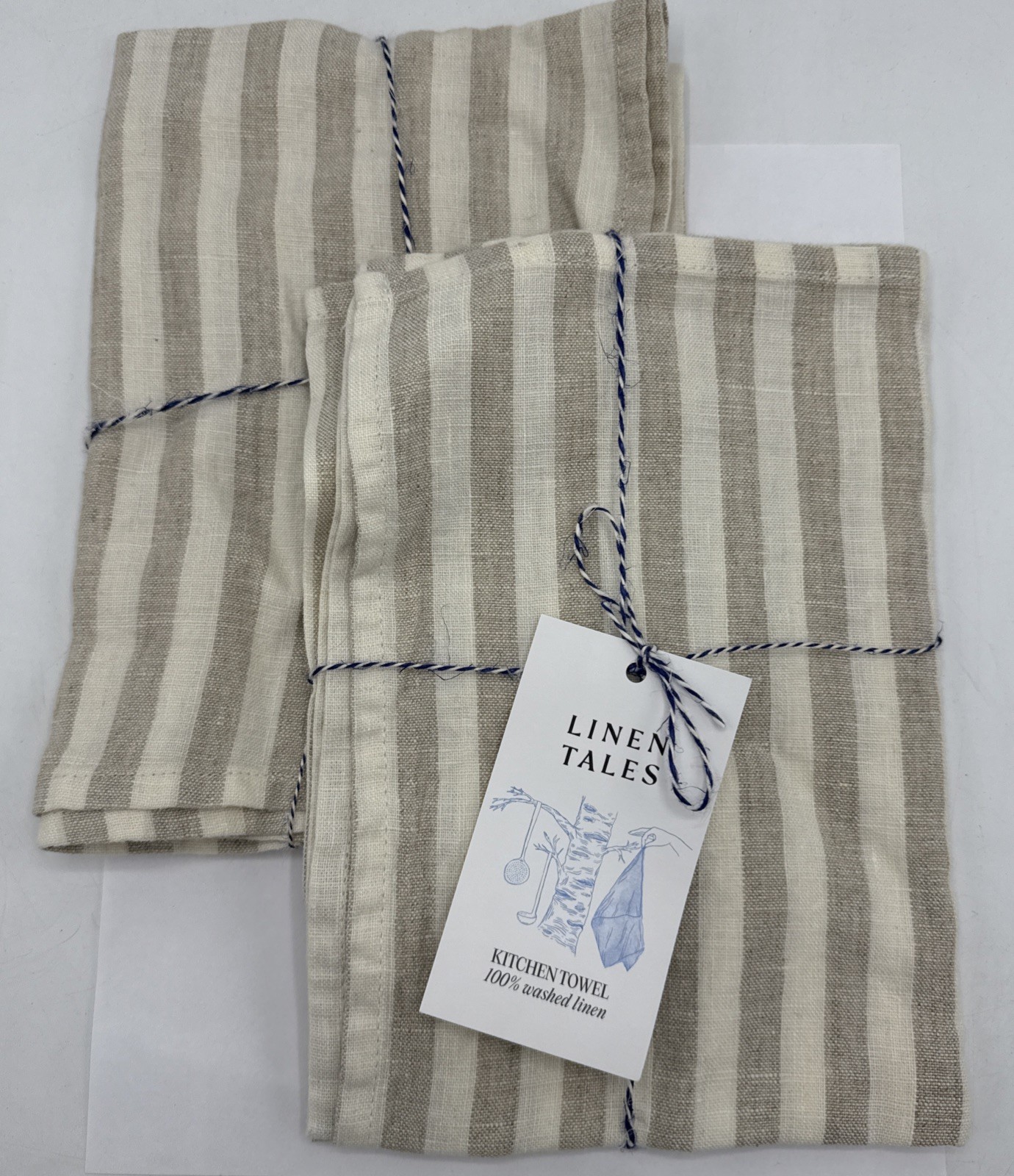 2 Linen Takes Natural White Stripes 100% Linen Kitchen Towel 18”x26” NWT