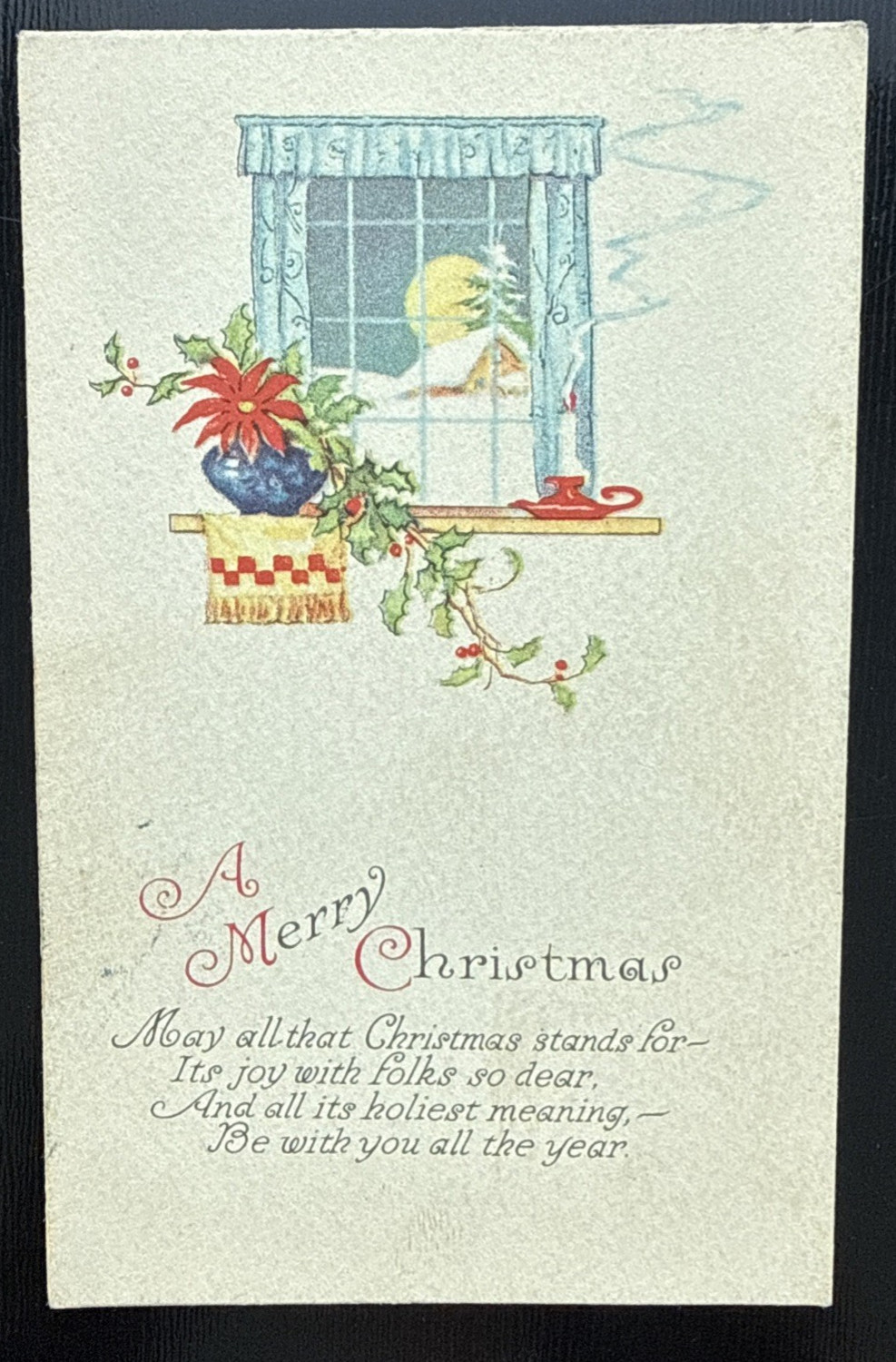 Postcard-Merry Christmas, poinsettia, winter scene, candle, 1909, unposted