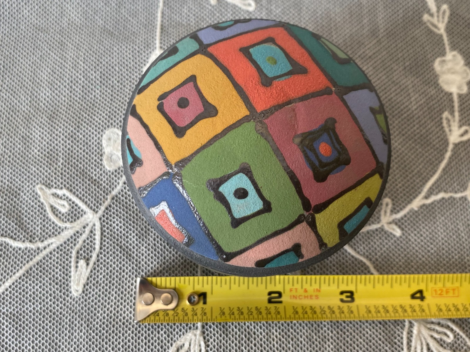 Multicolor Painted Squares Ceramic Pottery Trinket Box w/Lid Signed KW Matte