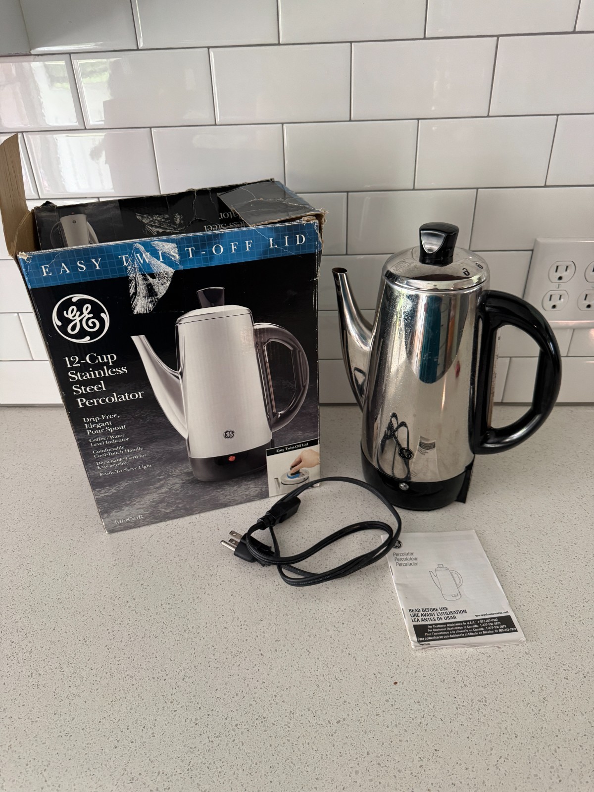GE General Electric 106856R Percolator Electric Coffee Pot 12 Cup w/box / manual