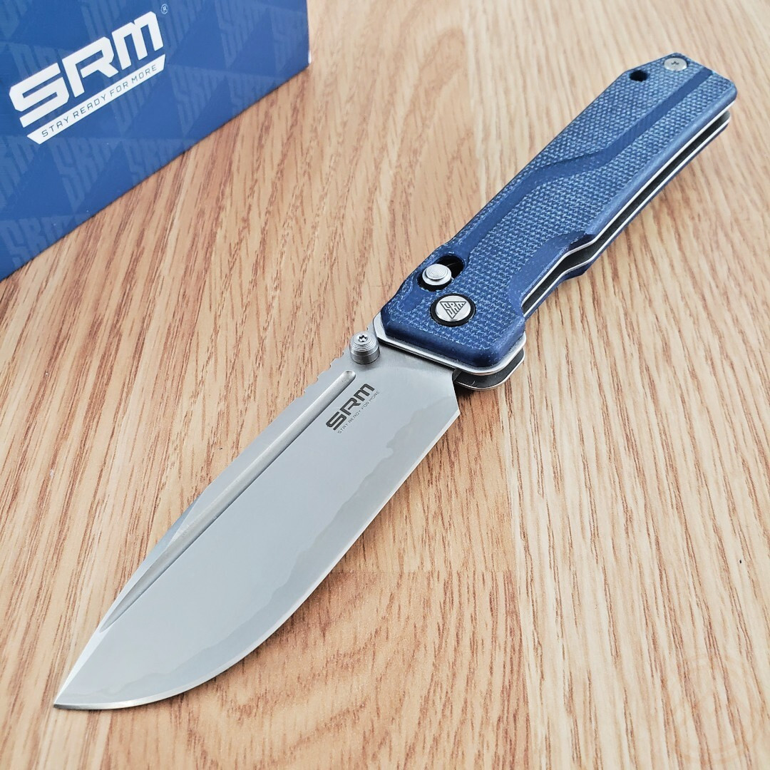 SRM Knives Rubik Folding Knife 3.5″ 140Cr Steel Blade Blue Canvas Micarta Handle