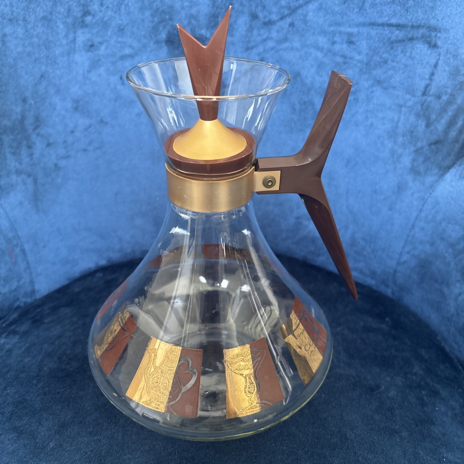 Vintage Inland Glass Atomic Coffee Carafe MCM Atomic Gold + Brown Twin Peaks