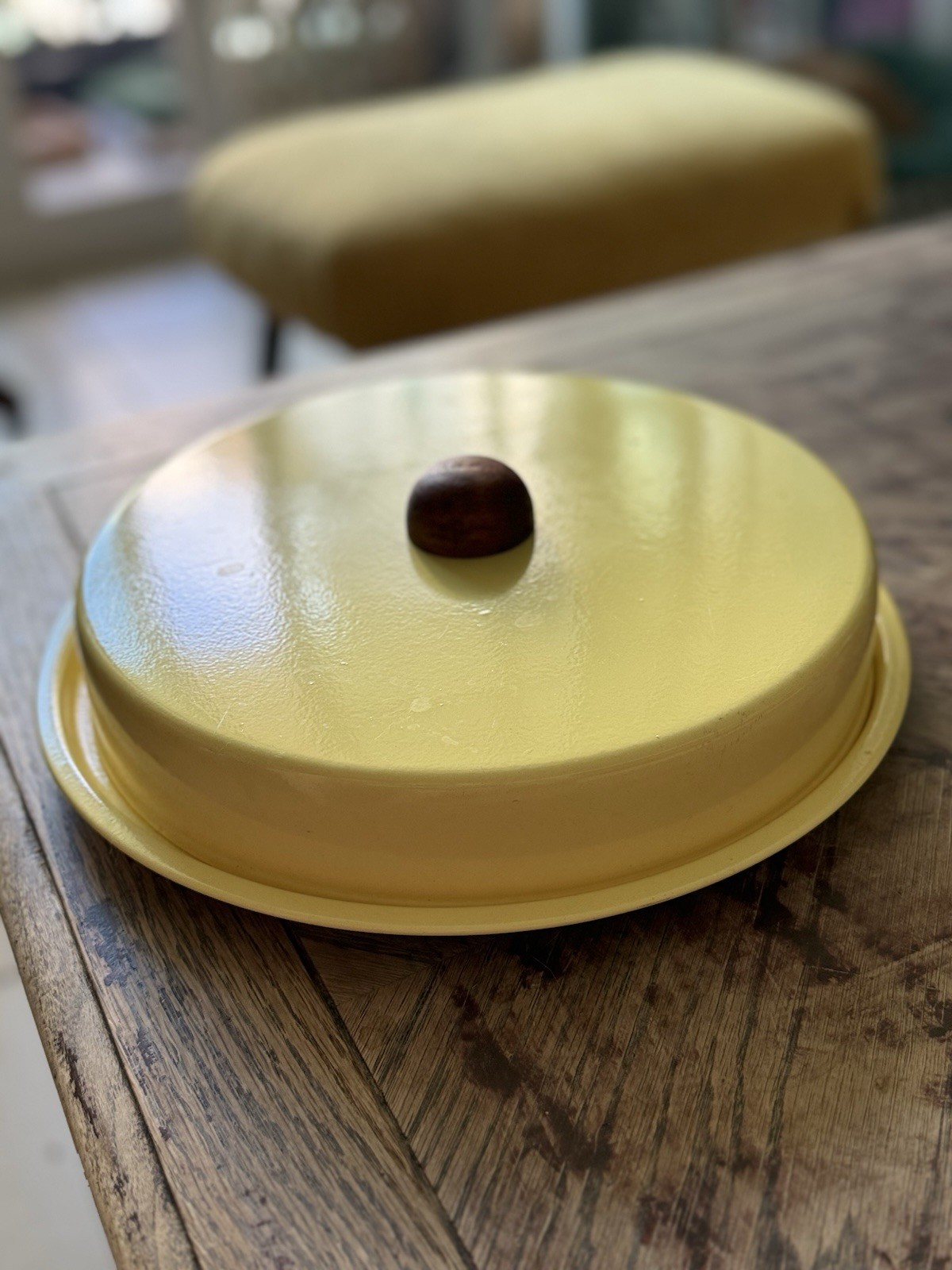 Vintage Enamelware Vibrant Yellow Footed Serving Platter With Lid Teak Nob MCM