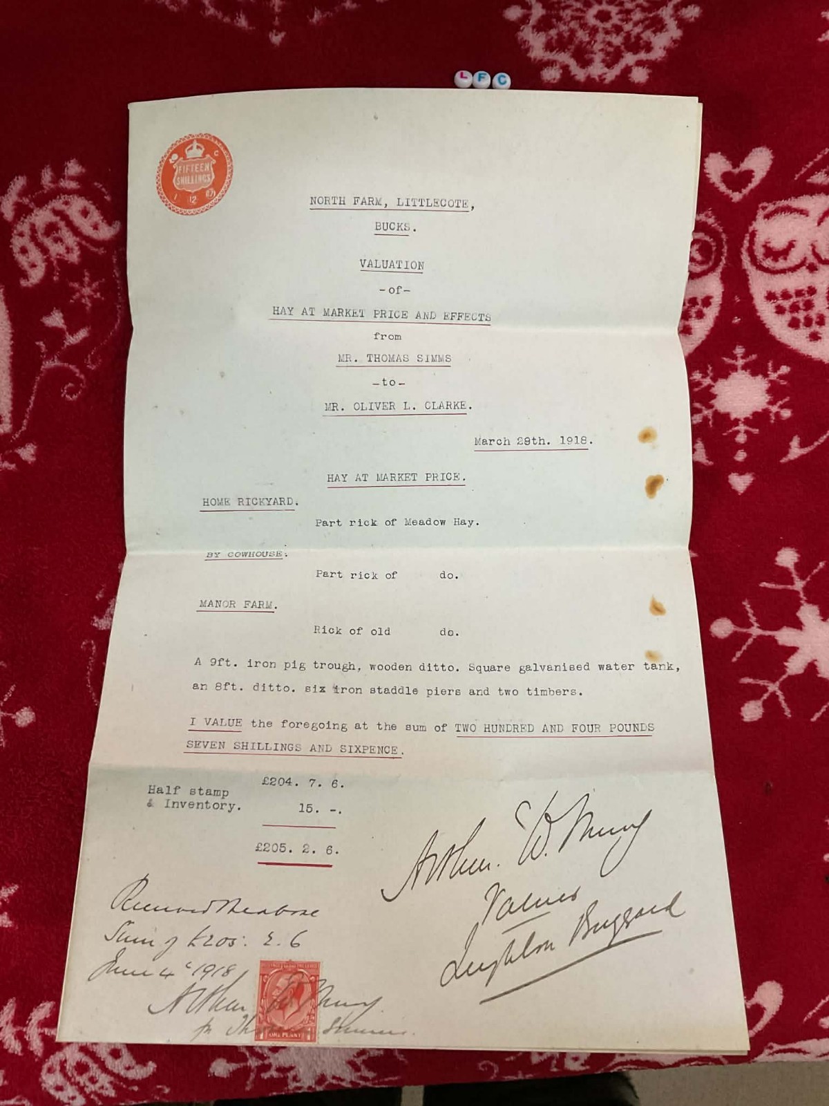 Antique NORTH FARM LITTLECOTE VALUATION DEED 1918