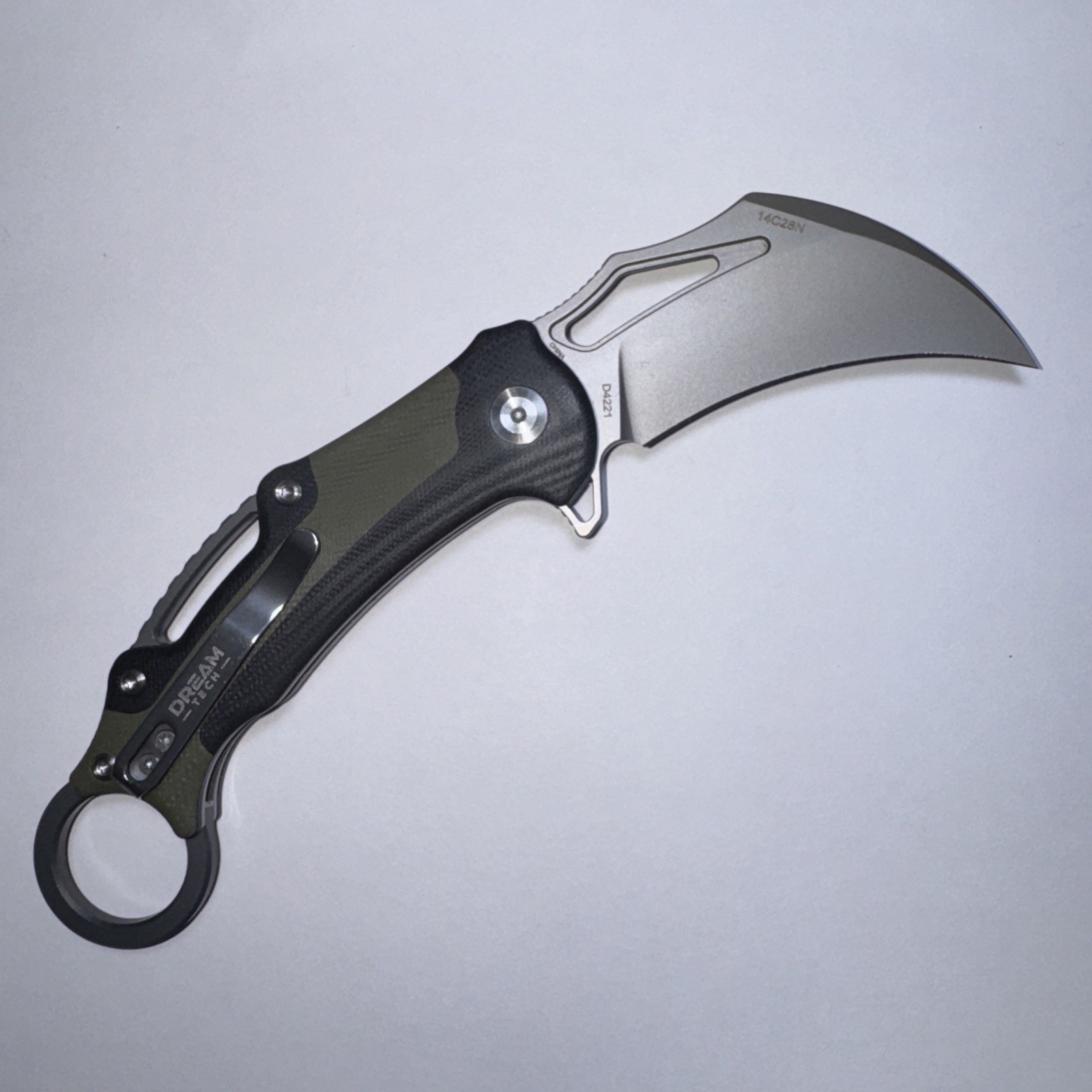 Dreamtech Karambit Button Lock. Back Flip. 14C28 Sandvik. G10 Handle D4221GBG