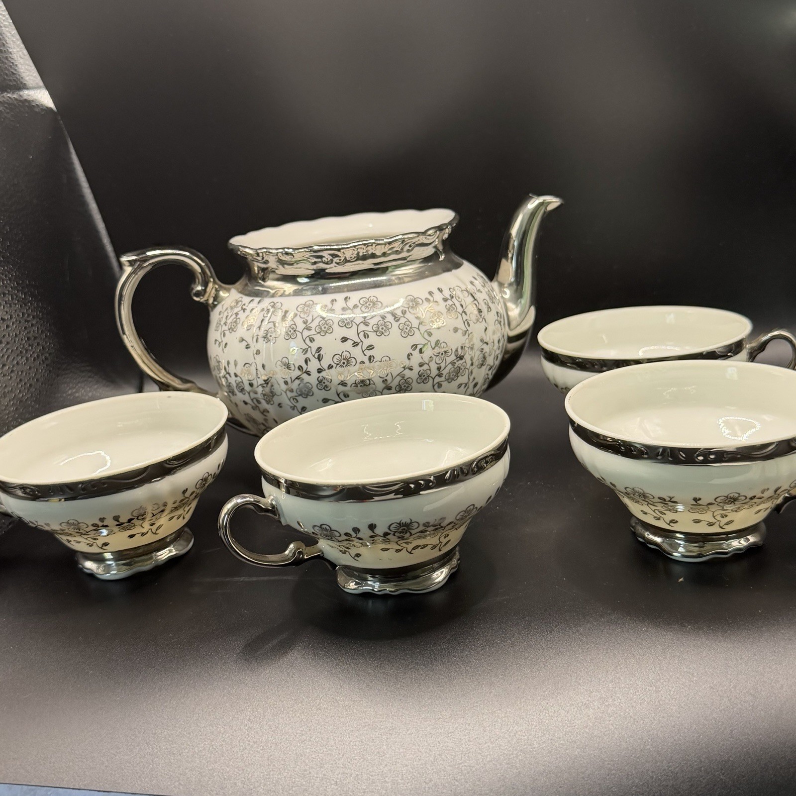 Black And Silver Floral Bavarian Teapot & 4 Teacup Set