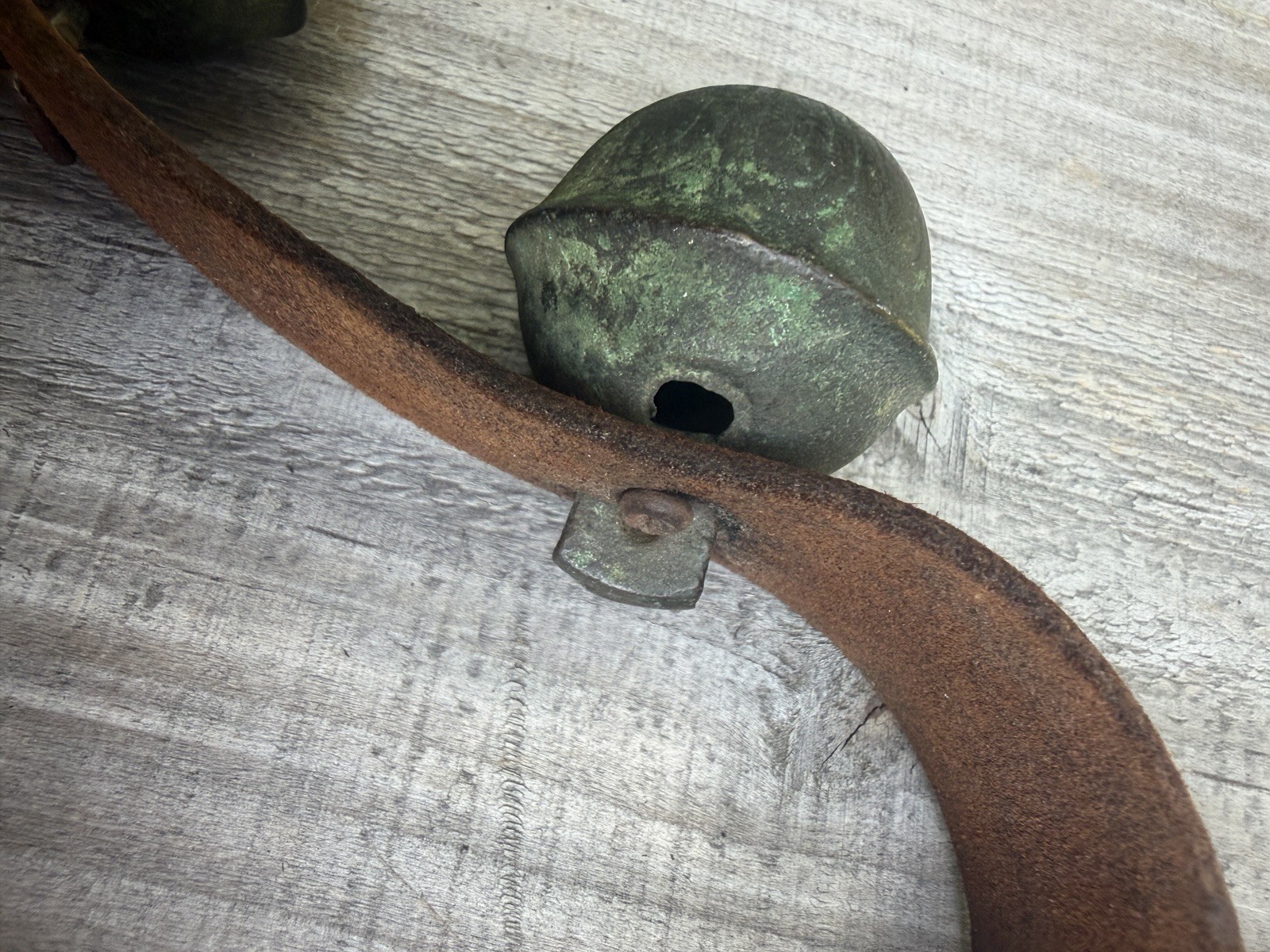 Antique Horse Sleigh Bells Leather Strap 5 Brass Bells 17” Primitive Harness