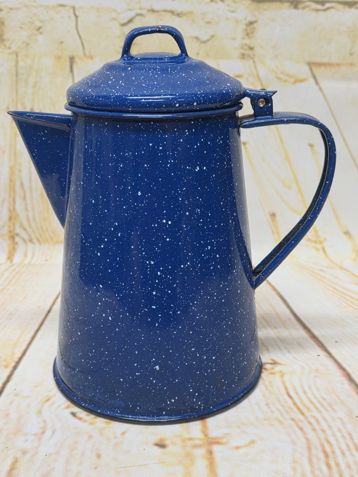 Vintage Blue Speckled Enamel Coffee Pot Camping Percolator Enamelware