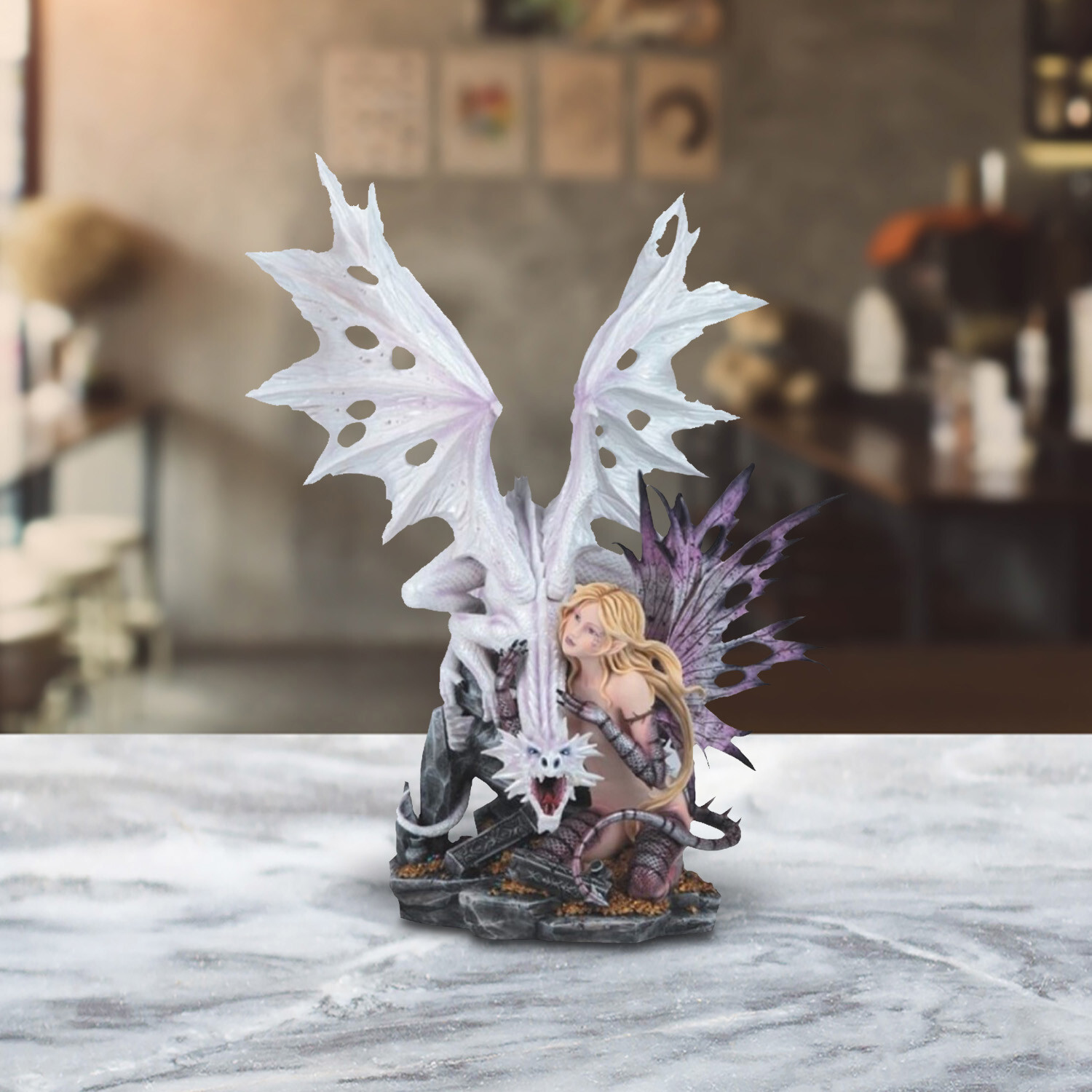 Sculpture Fairy with White Dragon Statue 24″H Fantasy Figurine Room Decor