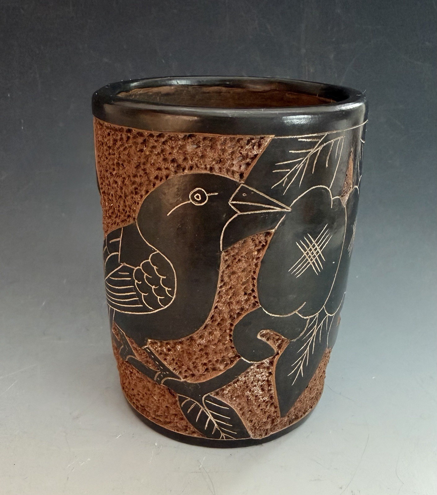 Sgraffito Handmade Etched Terracotta Vase Cup Holder Bird Fruit Carved