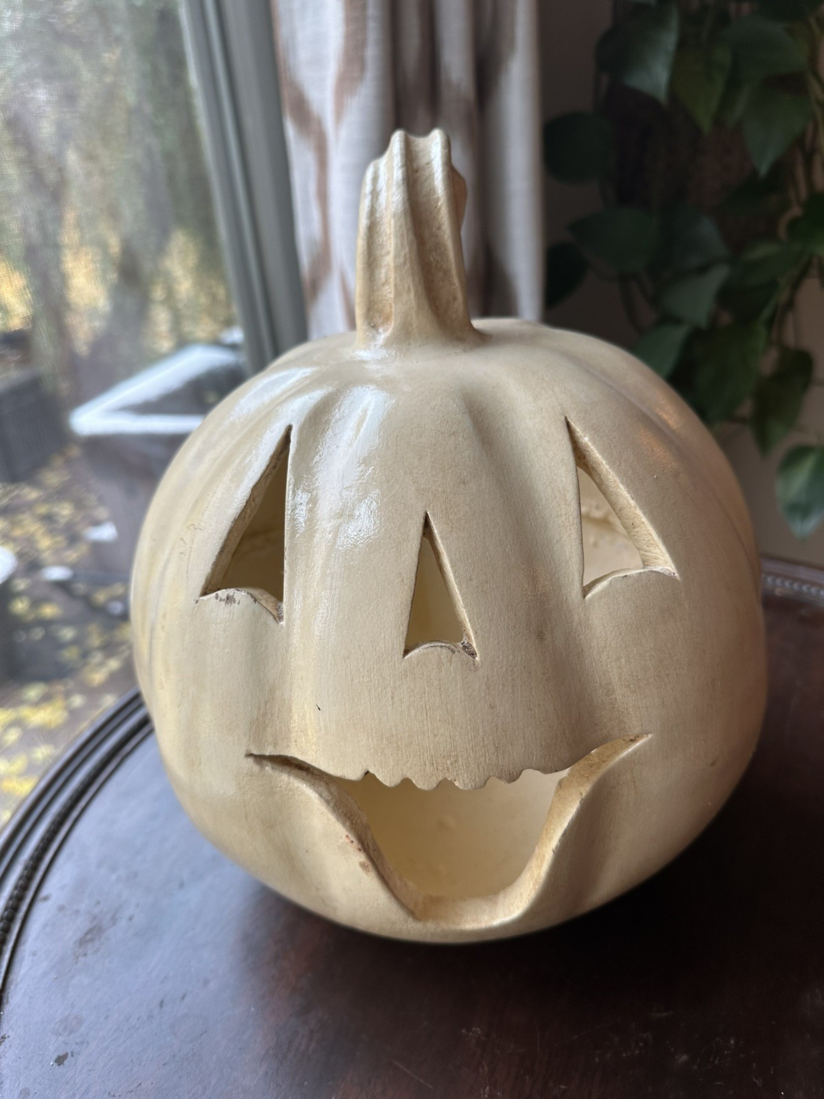Terracotta Ivory Jack-o’-lantern Pumpkin Luminary Mexico 12″ Tall Halloween