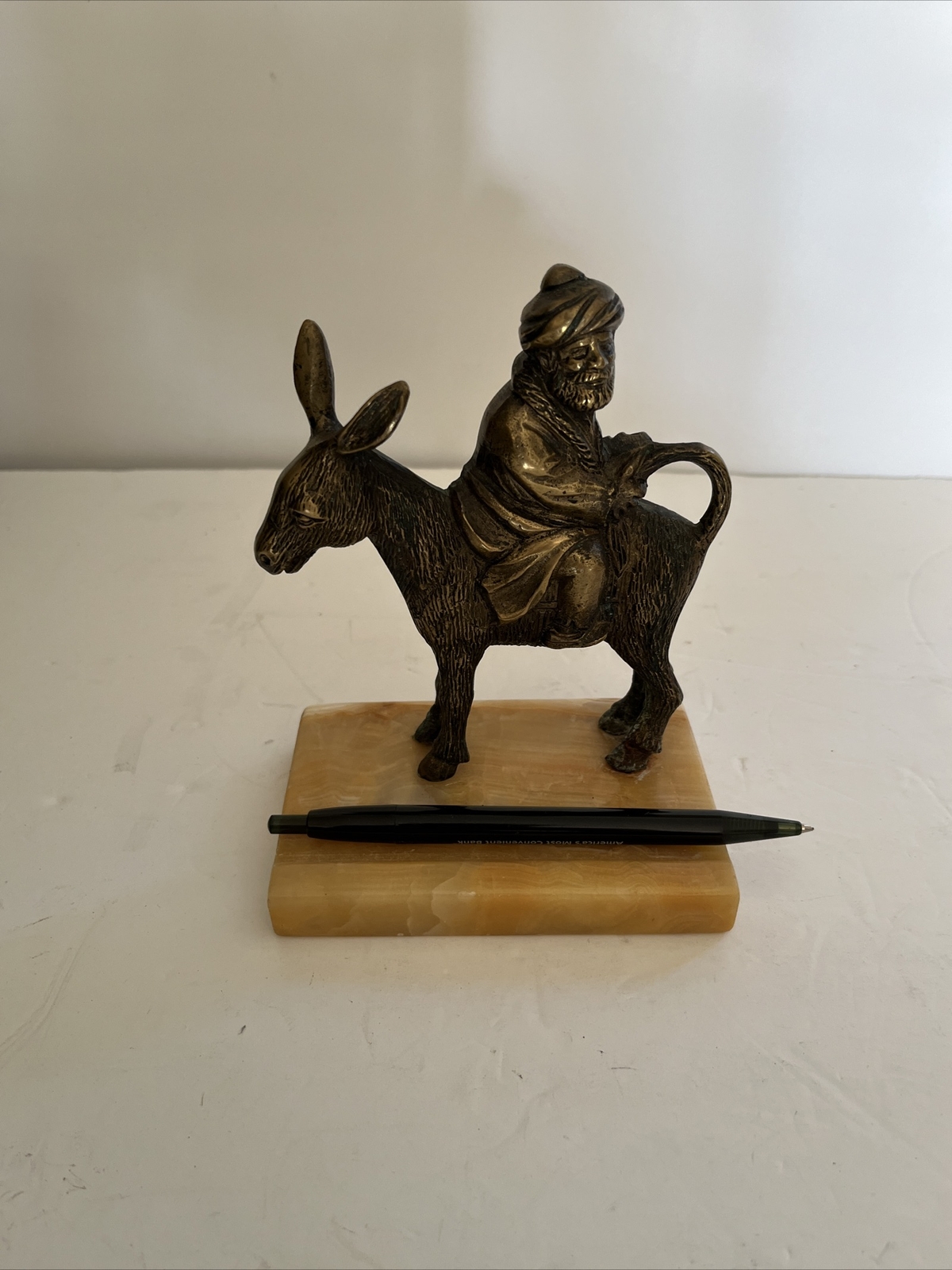 Antique Bronze Man Nassreddin Riding Backwards On A Donkey Figurine Pen Holder