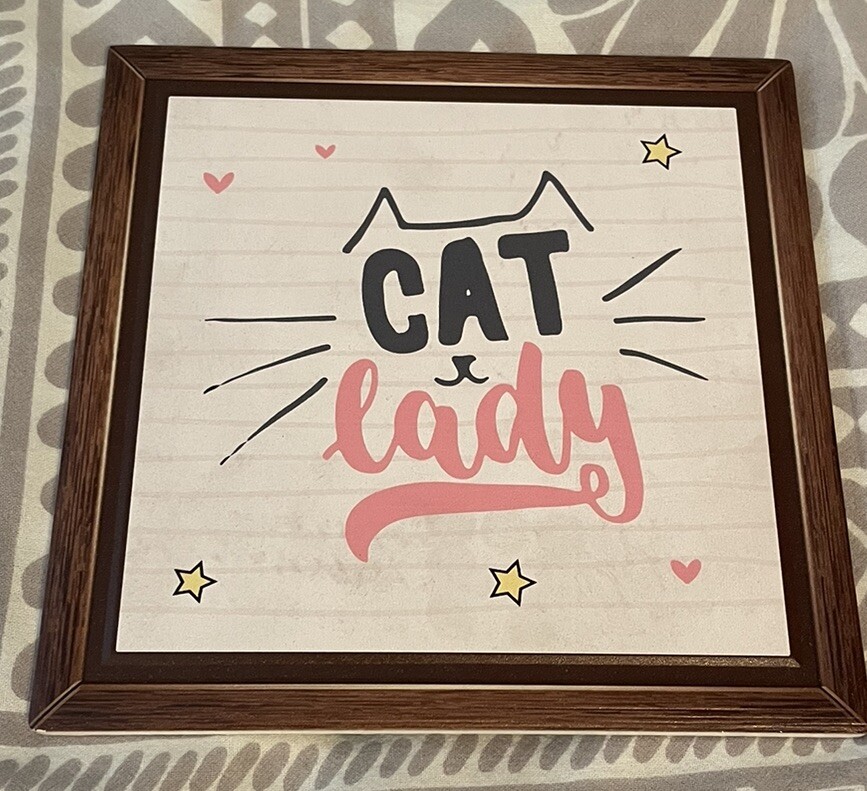 Ceramic Picture Or Tile 6.75” X 6.75 Picture “CAT LADY” NEW KTO0532 (2-TILES)