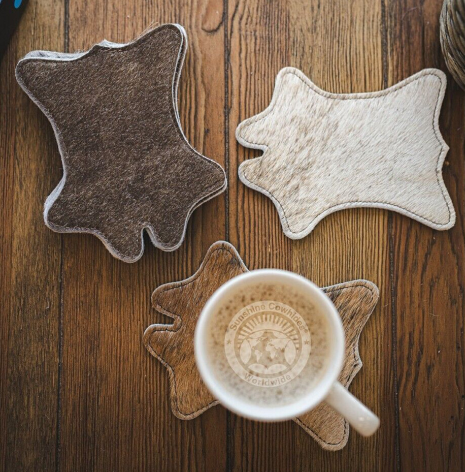 Cowhide Coaster Plain Assorted – Size 4.9 x 5.9″ – – SET OF 12