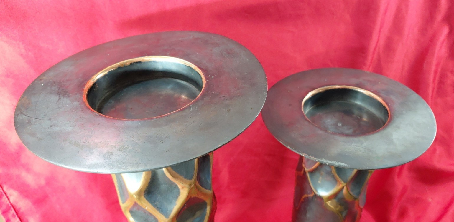 Pair Pillar Candle Holder Mixed Materials Copper Metal & More 9″ & 12″