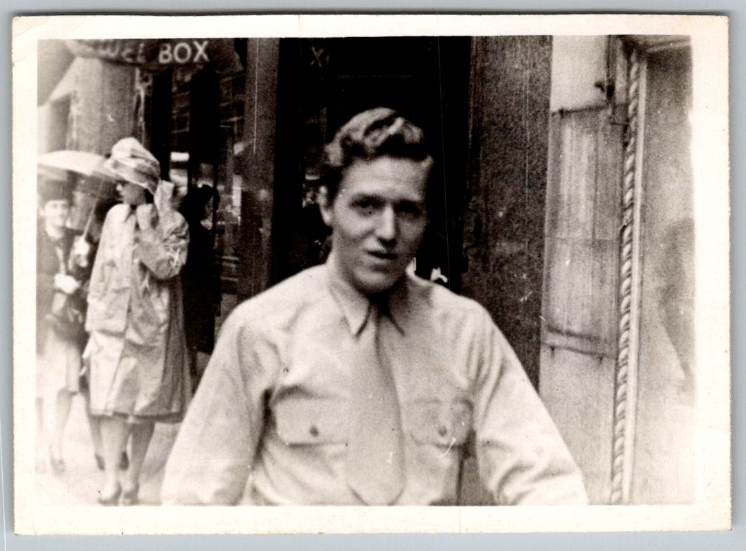 Vtg B&W Snapshot Handsome Young Man In Shirt And Tie Street Jewel Box Sign 1940s