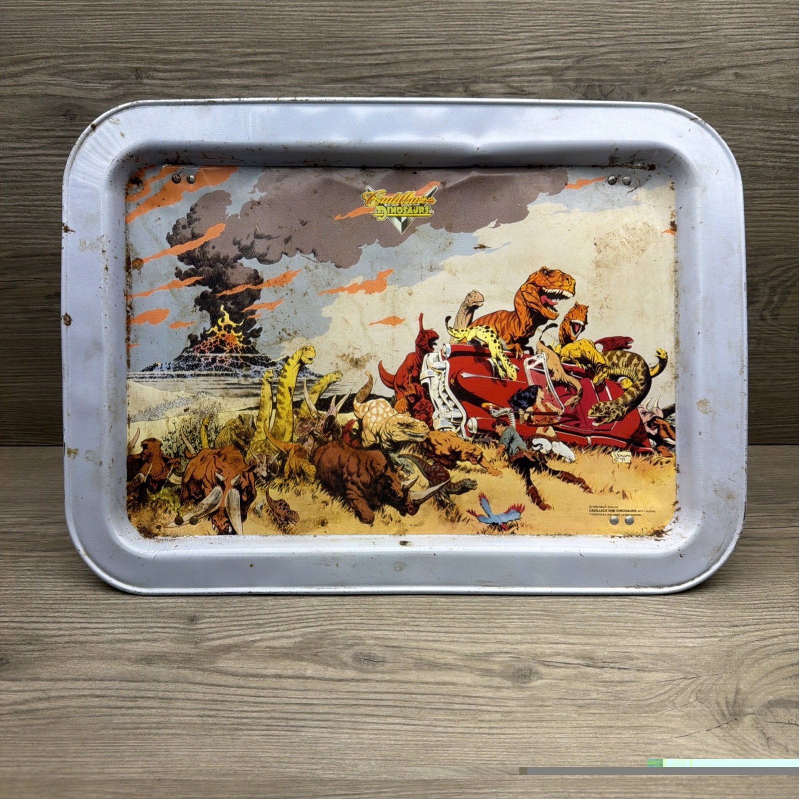Cadillacs & Dinosaurs Folding Metal TV Dinner Tray 1994 Vintage Old