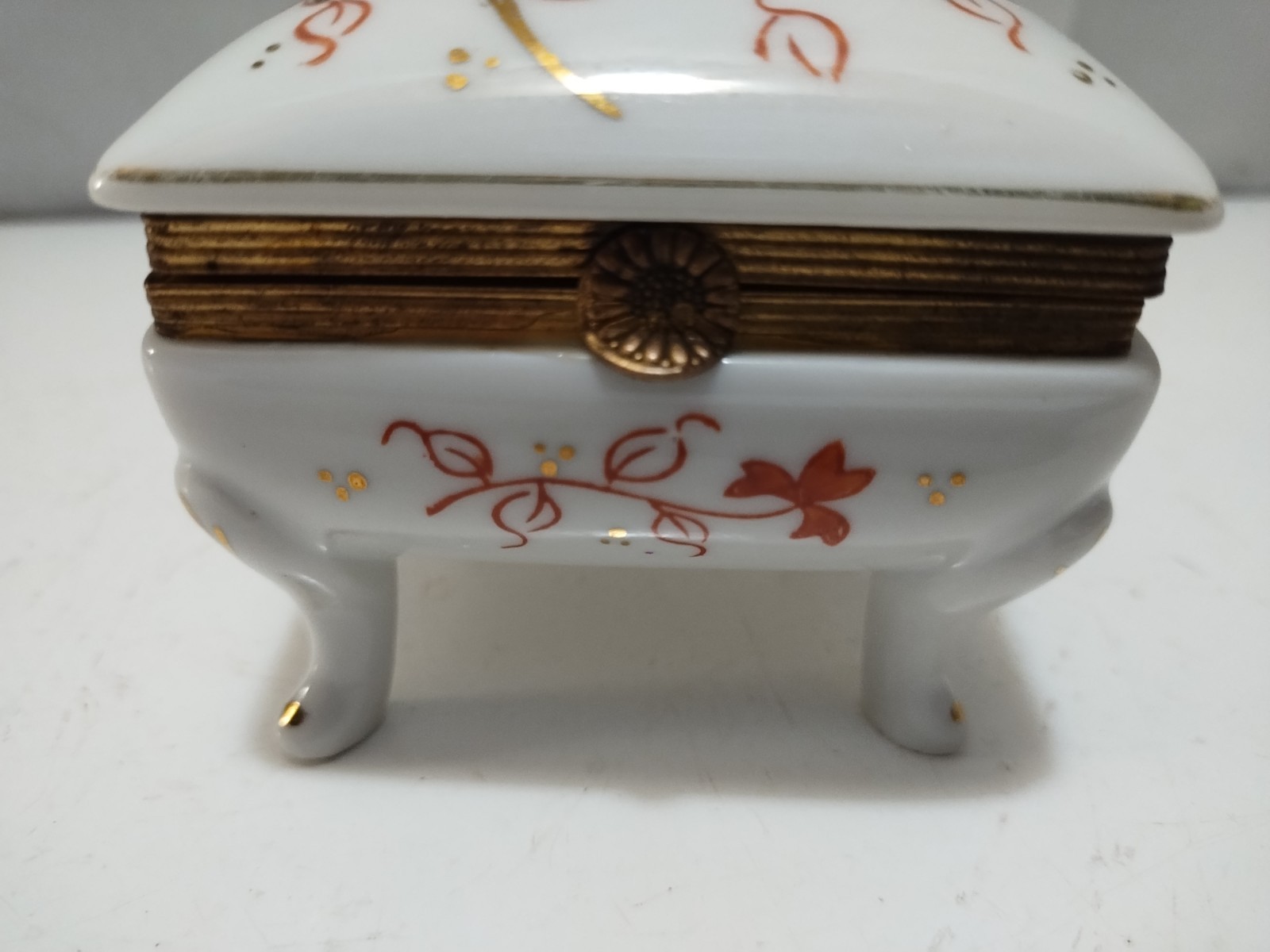Four Legged Porcelain Hinged Square Trinket Box Floral Orange Whimsical Retro