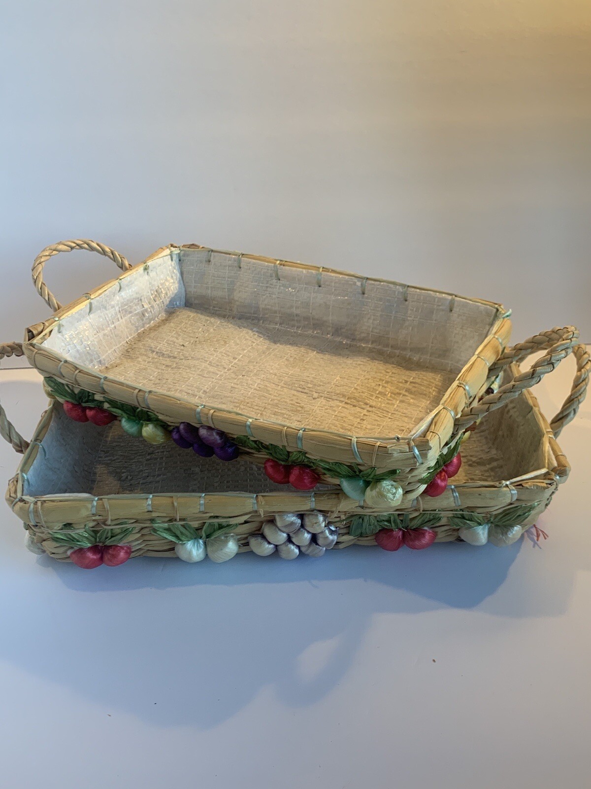 2 Pretty Rectangular Straw Baskets~Handled~Woven Fruit Pyrex Holders