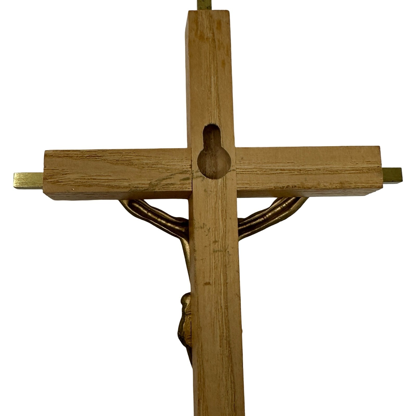 Vintage 1960s MCM Brass Tone Metal Wood Wall Crucifix Cross INRI Catholic 10″