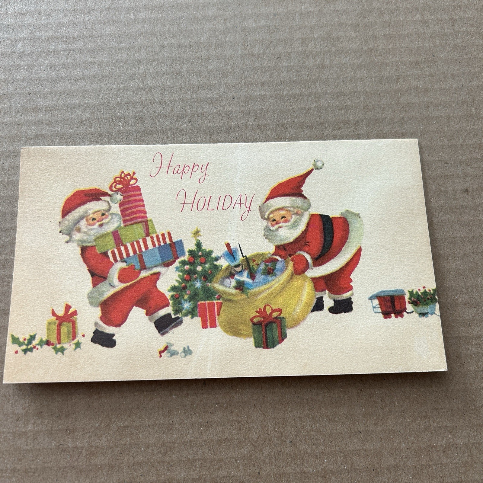 Vintage Mid-century Christmas Card Two Santa’s Pastel Toys Tree Retro