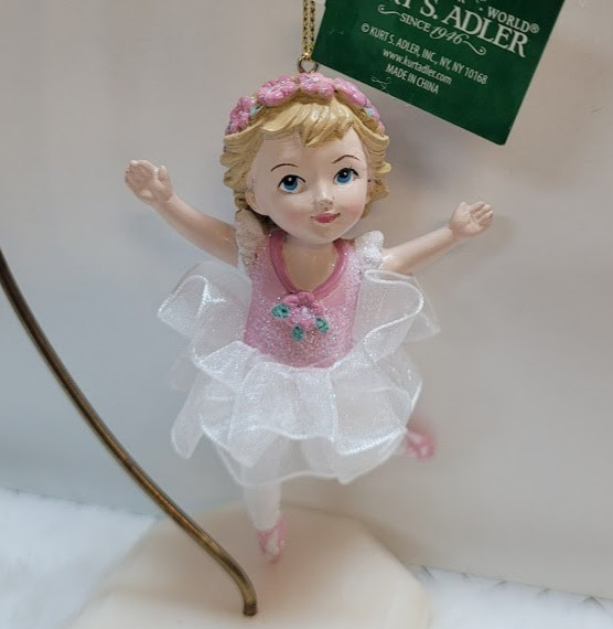 Kurt Adler Little Girl Ballerina Ornament Brand New, Adorable! 3.5″ Pink & White
