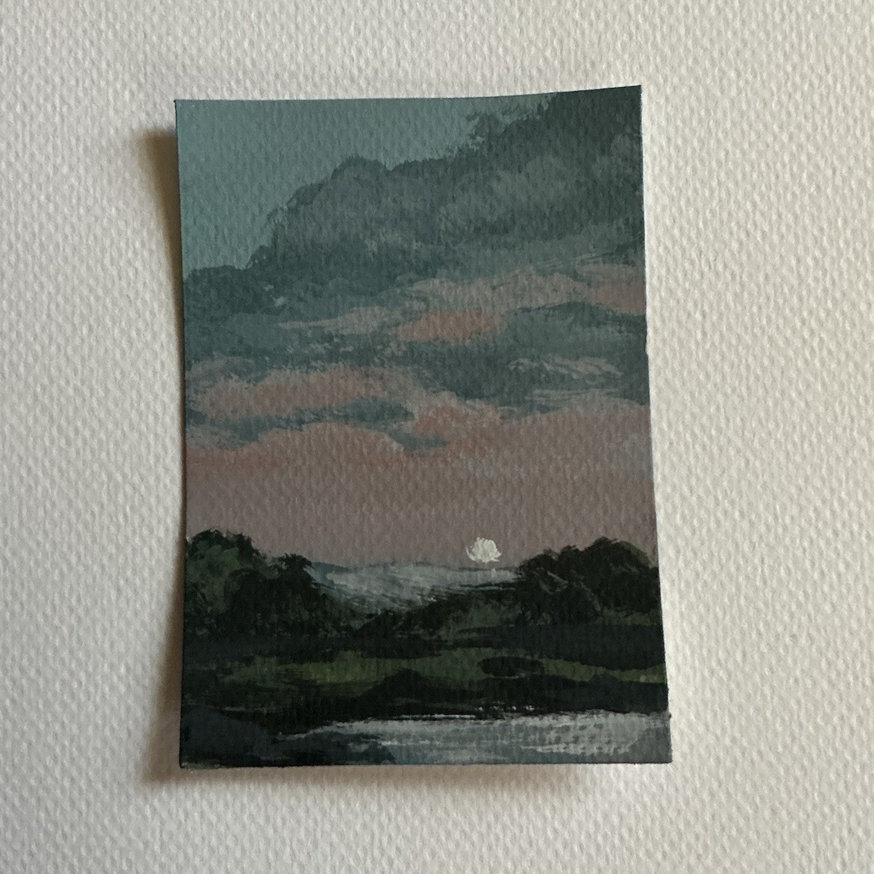 ACEO Art Card Original Sunset Acrylic “ Pale Moon ” 2.5in.3.5in – Bunnyarts