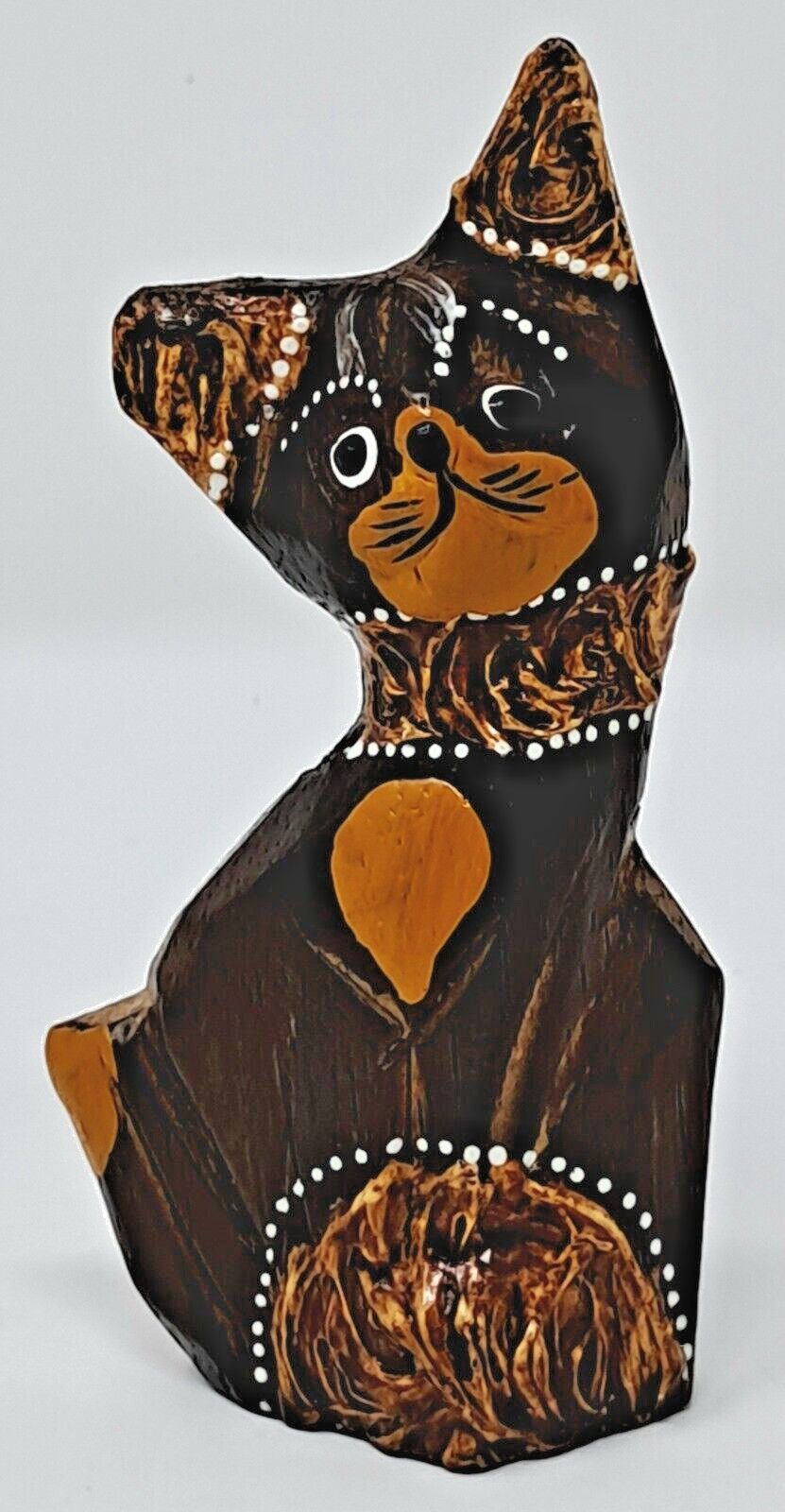 Wooden Cat Figurine Hand Carved Decorated Bali 4″ tall Balinese feline Indonesia