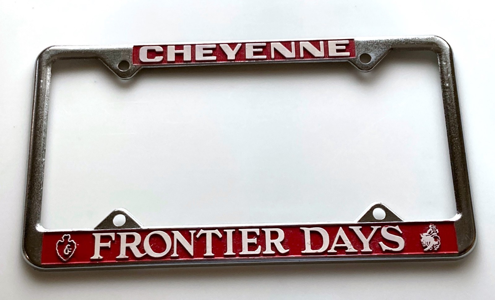 RARE 60s 70s Cheyenne Frontier Days Vintage License Plate Frame Metal Good Paint