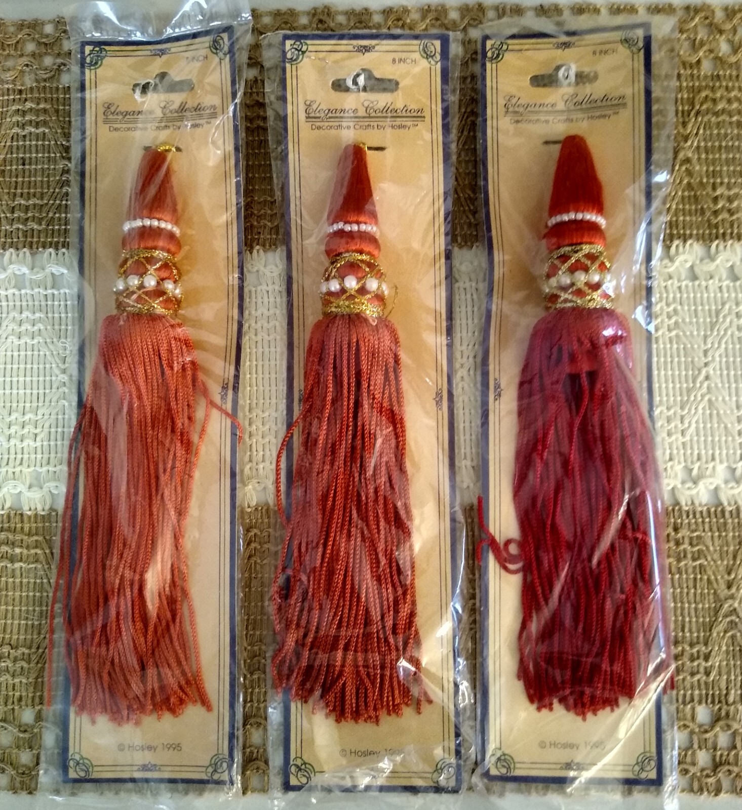 Vintage Hosley Red Tassel Christmas Ornaments, Set of 3, Beaded/Pearls, 8″