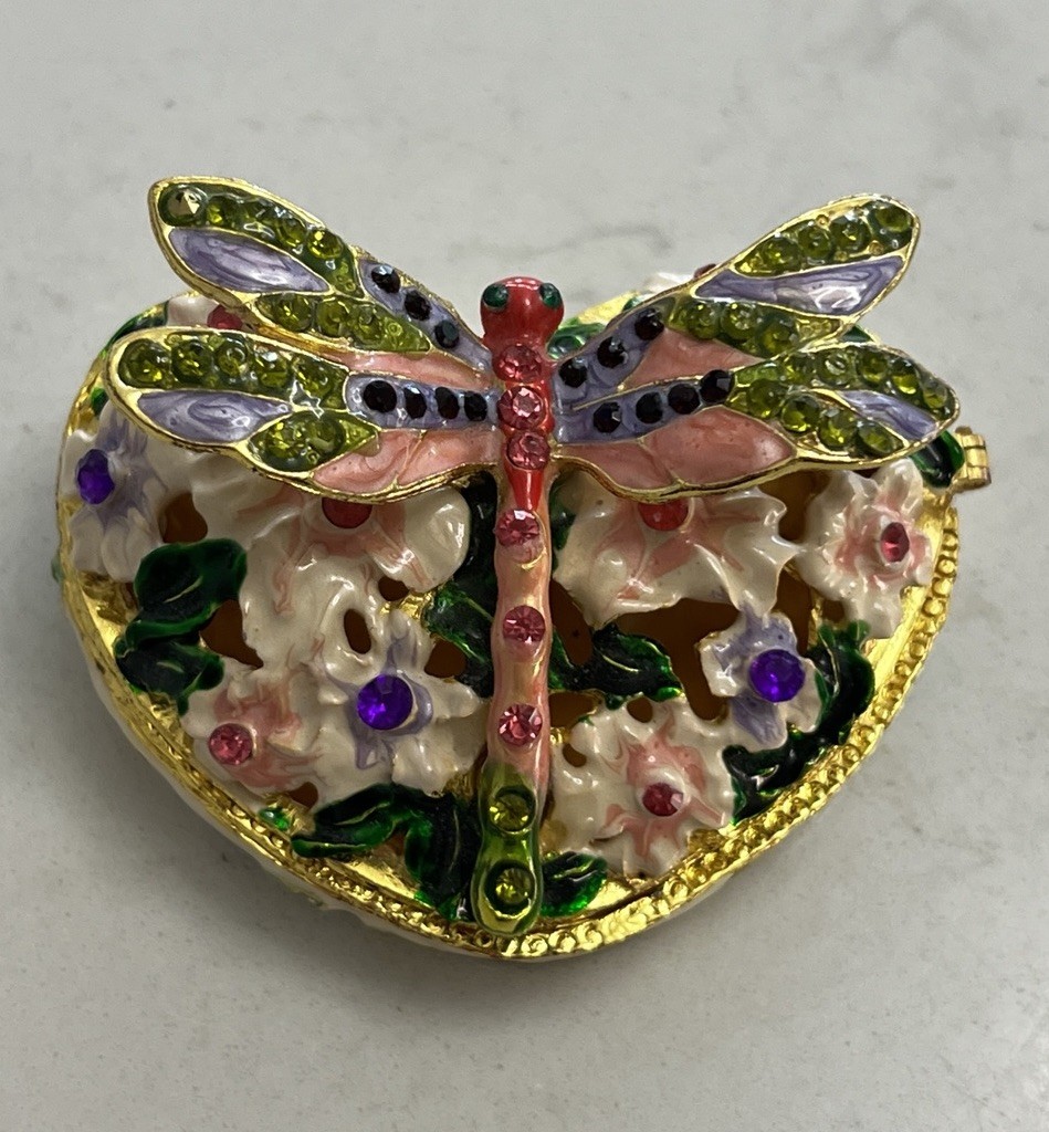 Whimsical Enamel Bejeweled Dragonfly Heart Shaped Trinket Box Jewelry Garden