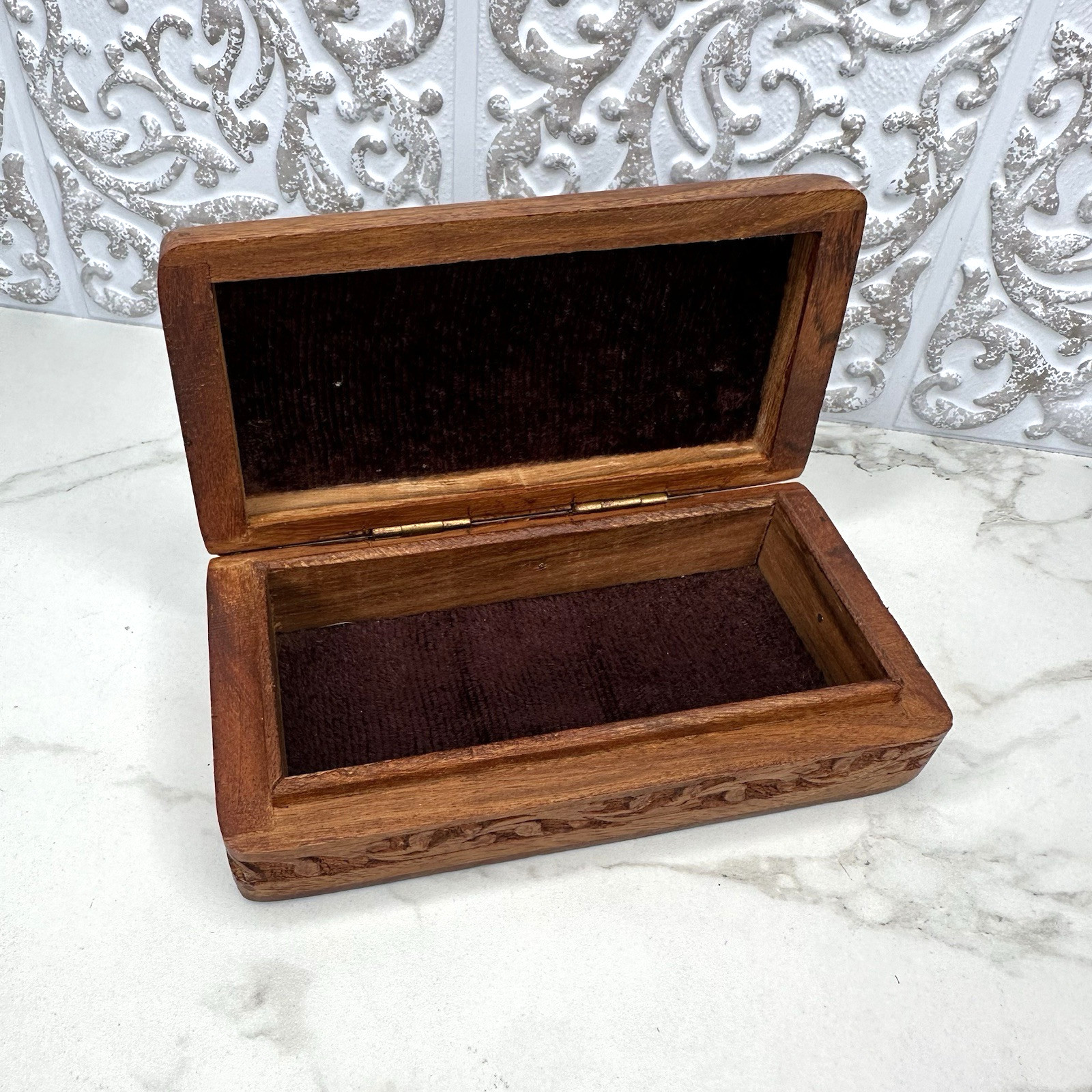 One Of A Kind Wood Archana Crafted In India Box Rectangle Engraved Felt Inside