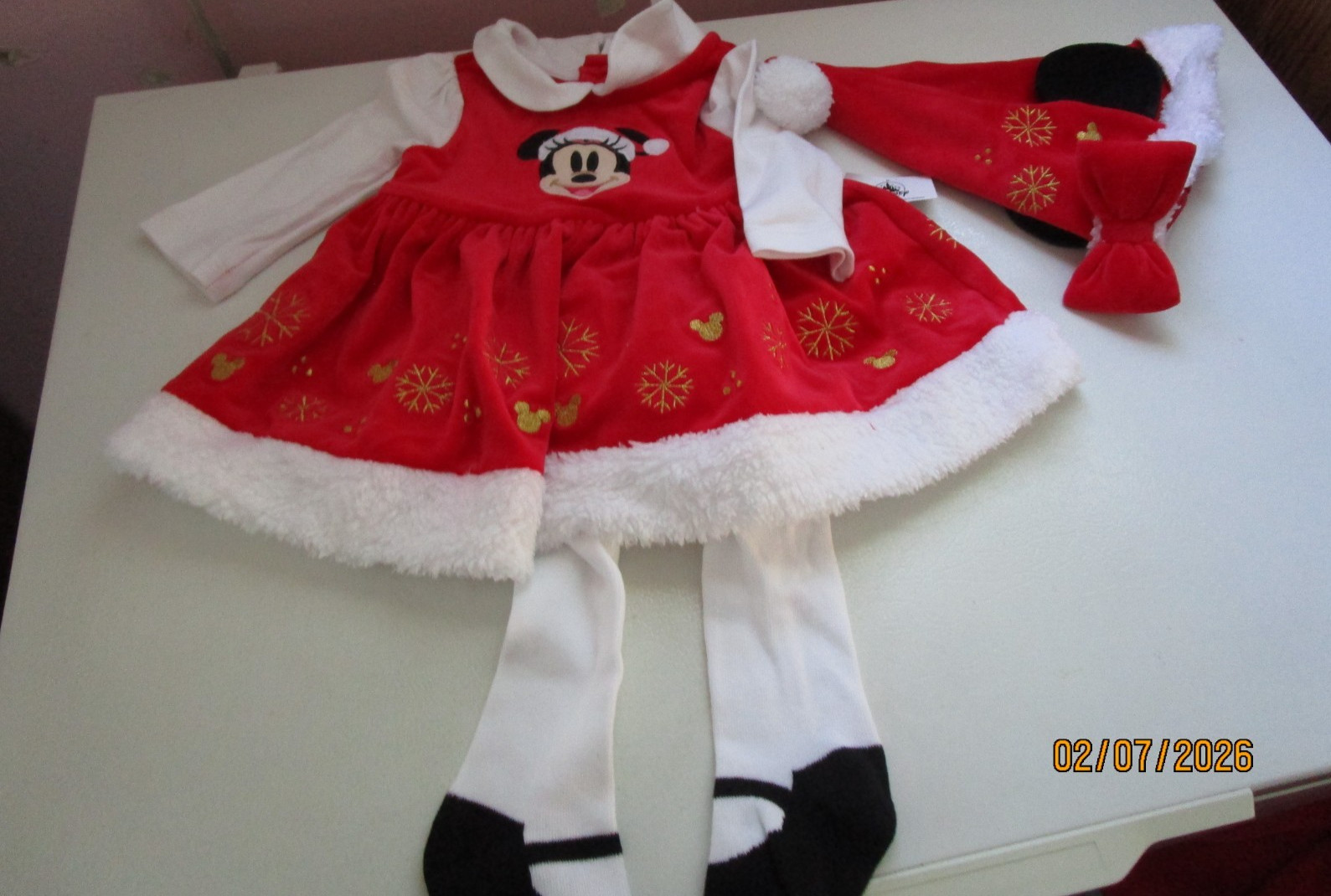 New Disney Parks Baby Christmas Dress Set Tights & Hat 3 6 months Cotton Poly