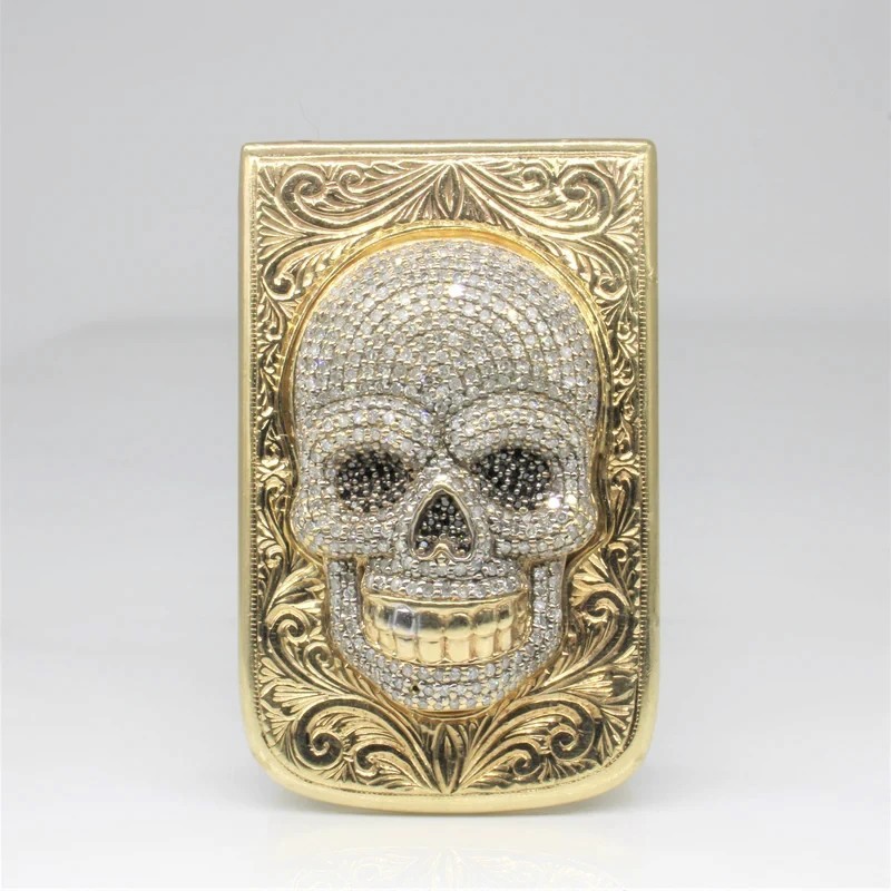 Black White Full Pave Diamond 18K Yellow Gold Over Money Clip For Unisex 1 PC