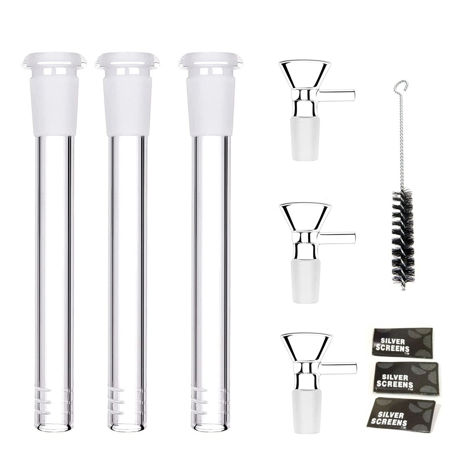 3PC 4.7 ”Glass Hookah Adapters Down Stem +3PC 14mm Bowl Water Pipe Brush Screen