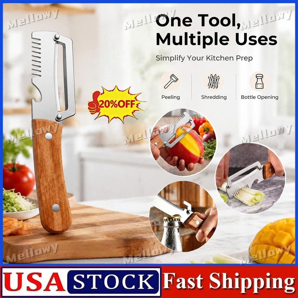 1Pack 3 in 1 Vegetable Peeler with Wooden Handle,Stainless Steel Blade Peeler