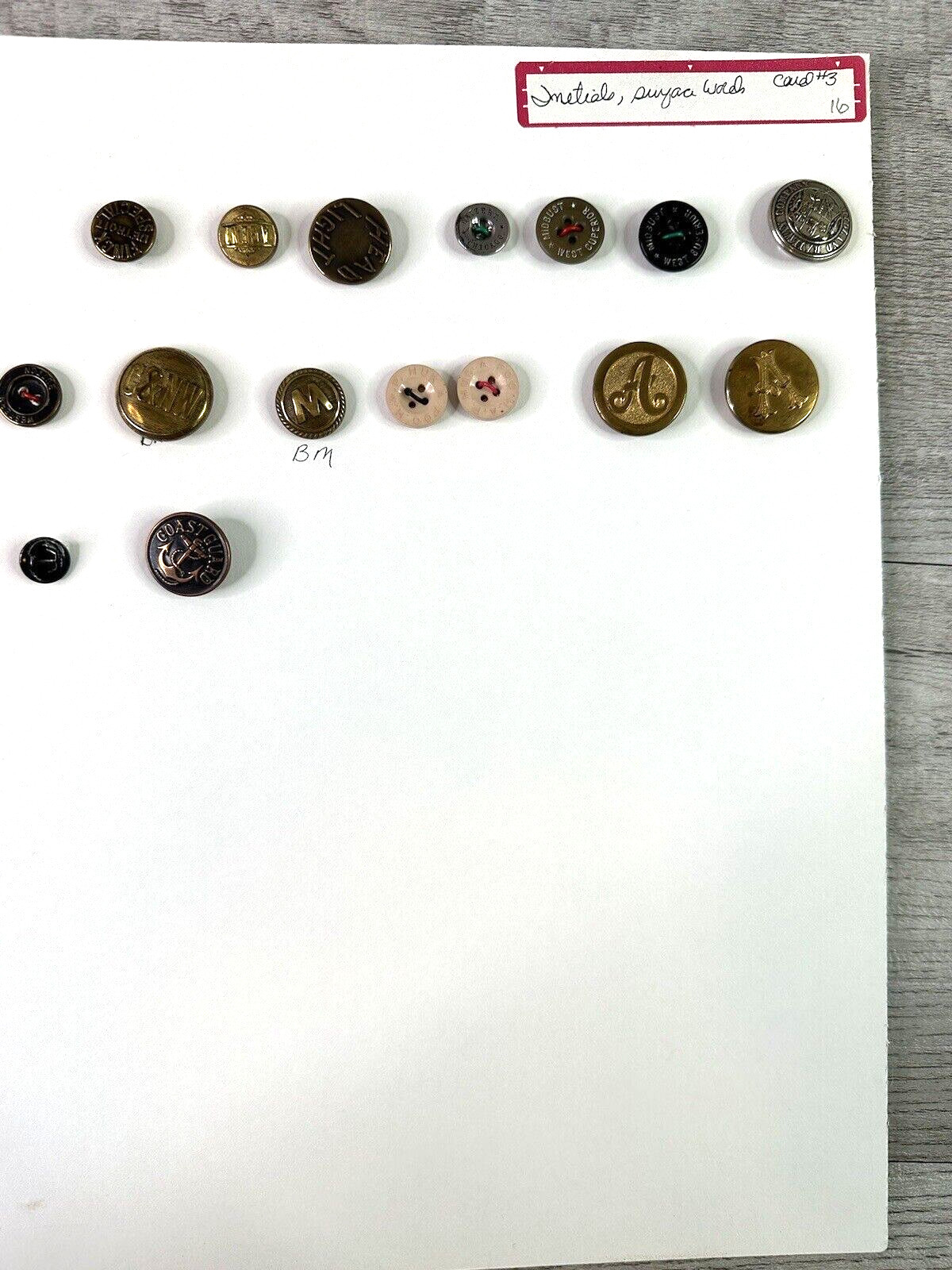Collector Card of 16 Vintage “Initials & Surface Words” Buttons Mixed Materials