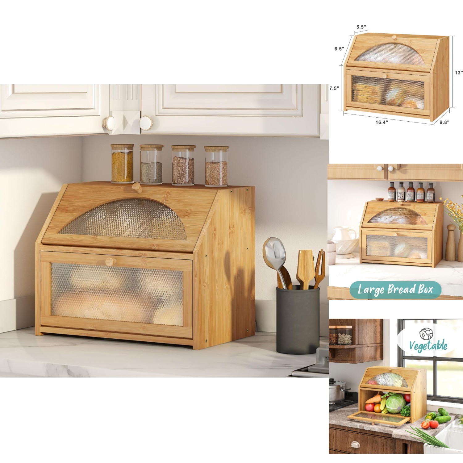 Bamboo Wood Bread Box 2-Tier Kitchen Counter Storage Large Food Bin Diamond Door