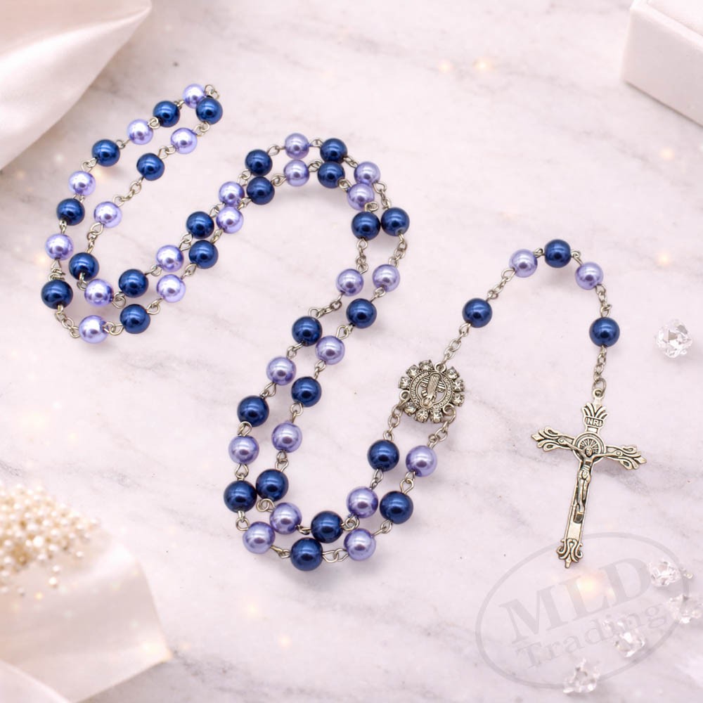 Saint St Benedict Rosary Necklace – Blue Glass Beads – Catholic Prayer Rosary