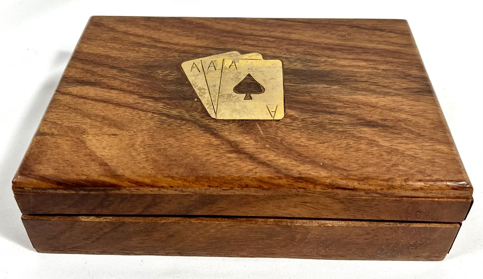 Vtg Wood Card Box Case Hinged Caddy 2 Decks Brass Inlay Storage