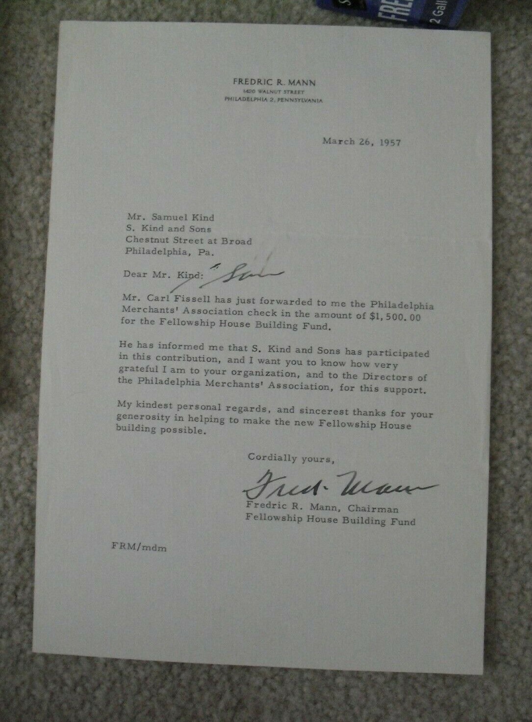 Original 1957 Signed Letter Fredric R Mann – The Mann Music Center
