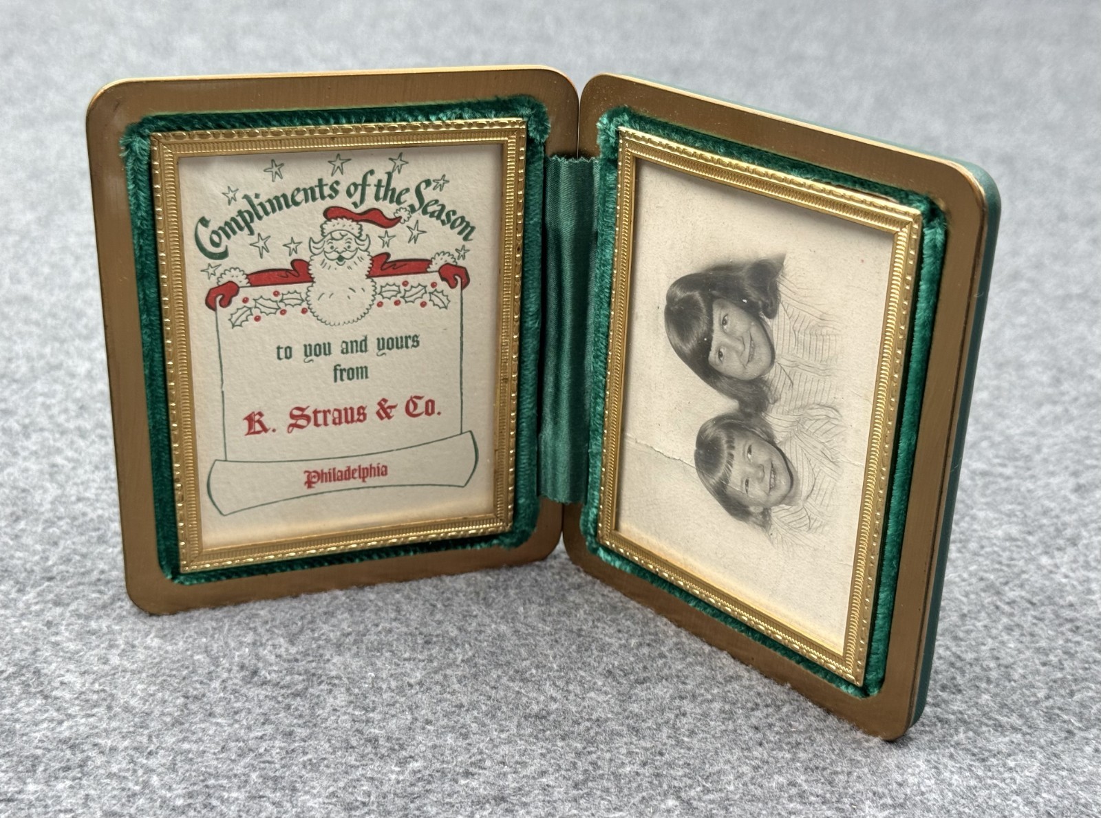 Vintage Pocket Photo Holder Hinged Leather Brass Frame Travel 4” x 3.5″