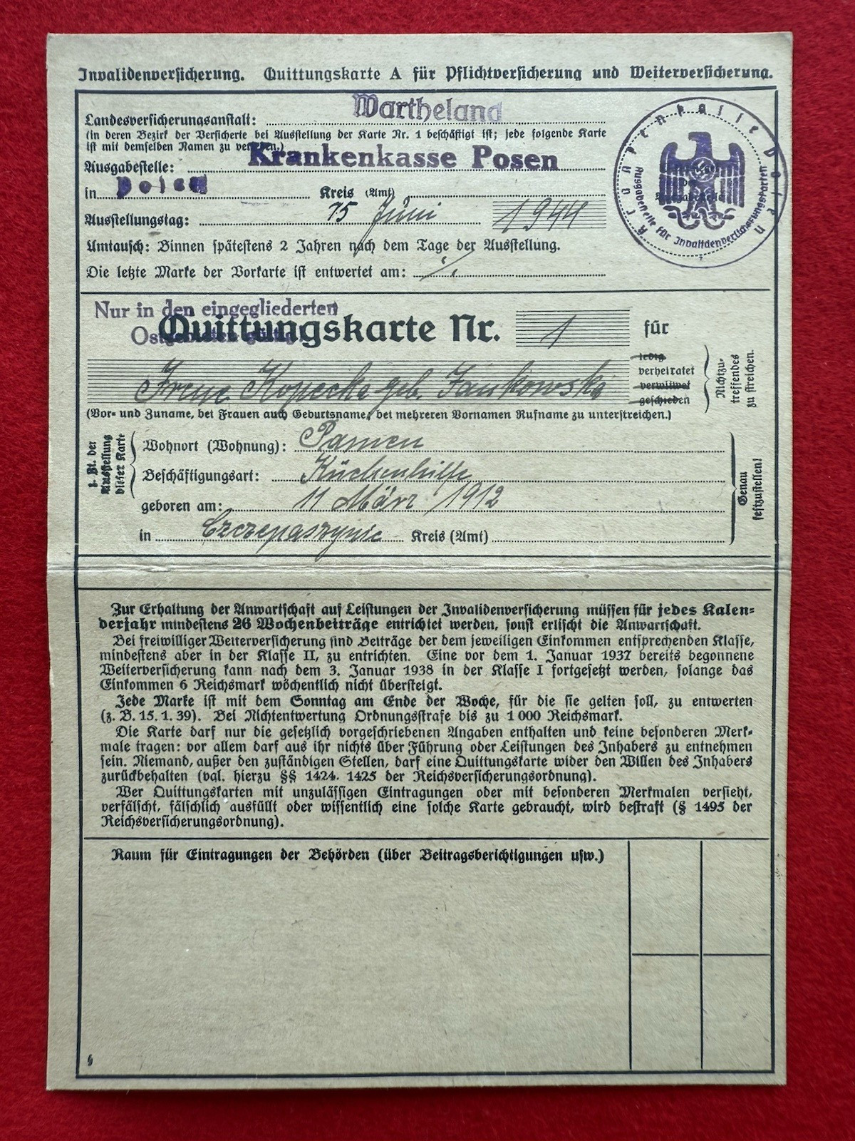 POLAND – 1944 WW II German Occupation, Krankenkasse Posen, Quittungskarte
