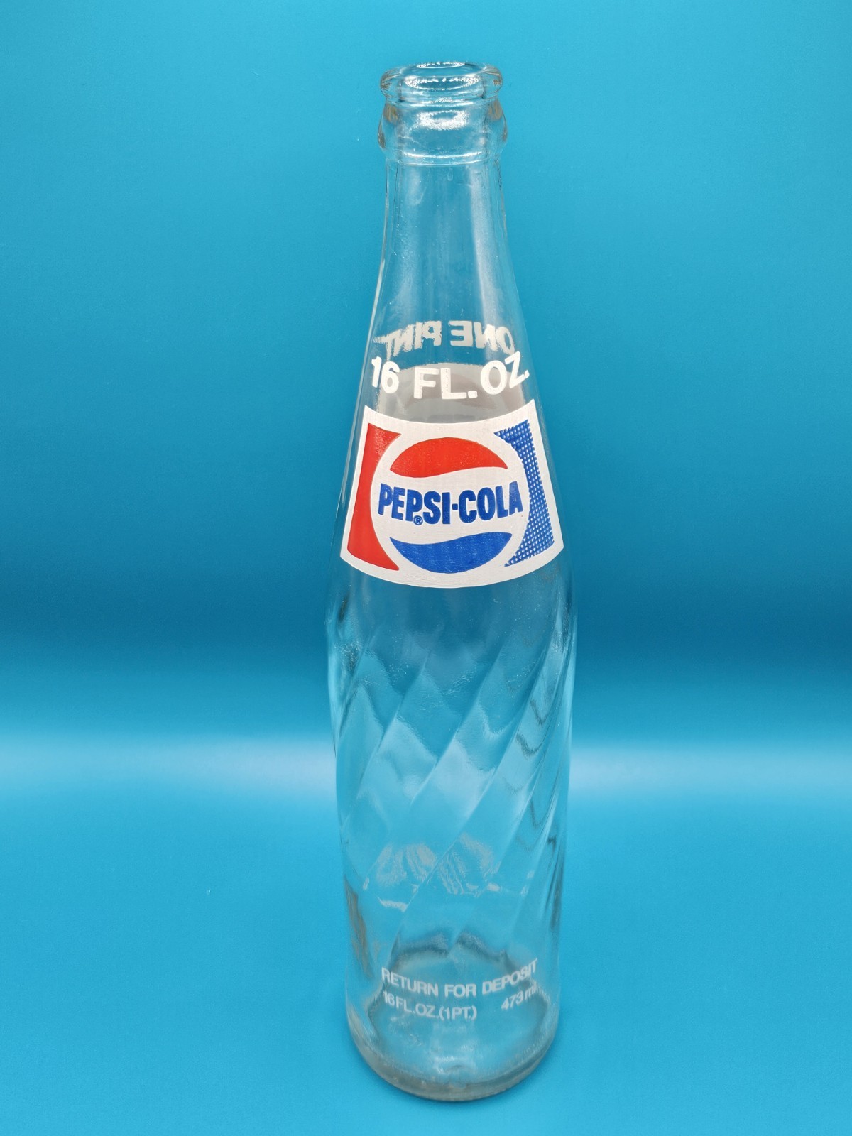 1980’s Vintage Pepsi Cola Bottle Pint-16 FL OZ Clear Glass Deposit Swirl Design